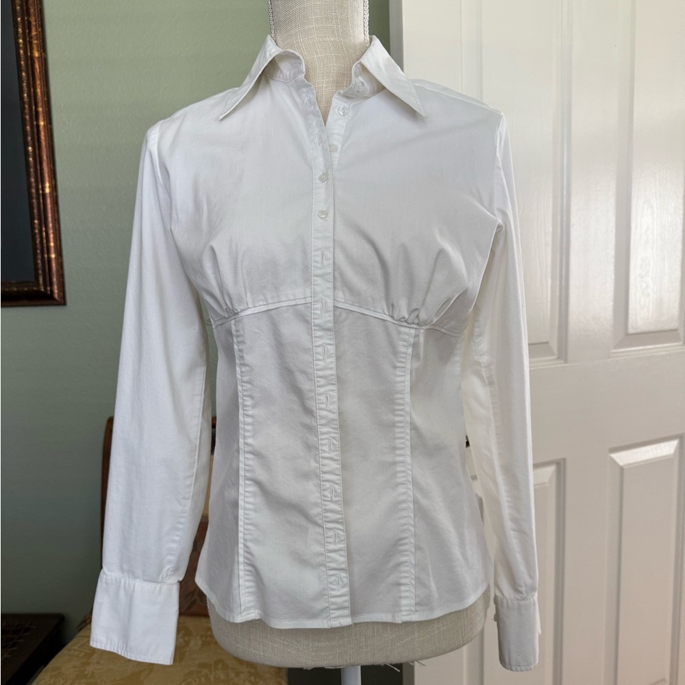 New York & Company Cotton Blend White Button-Down Stretchy Shirt - Picture 3 of 6